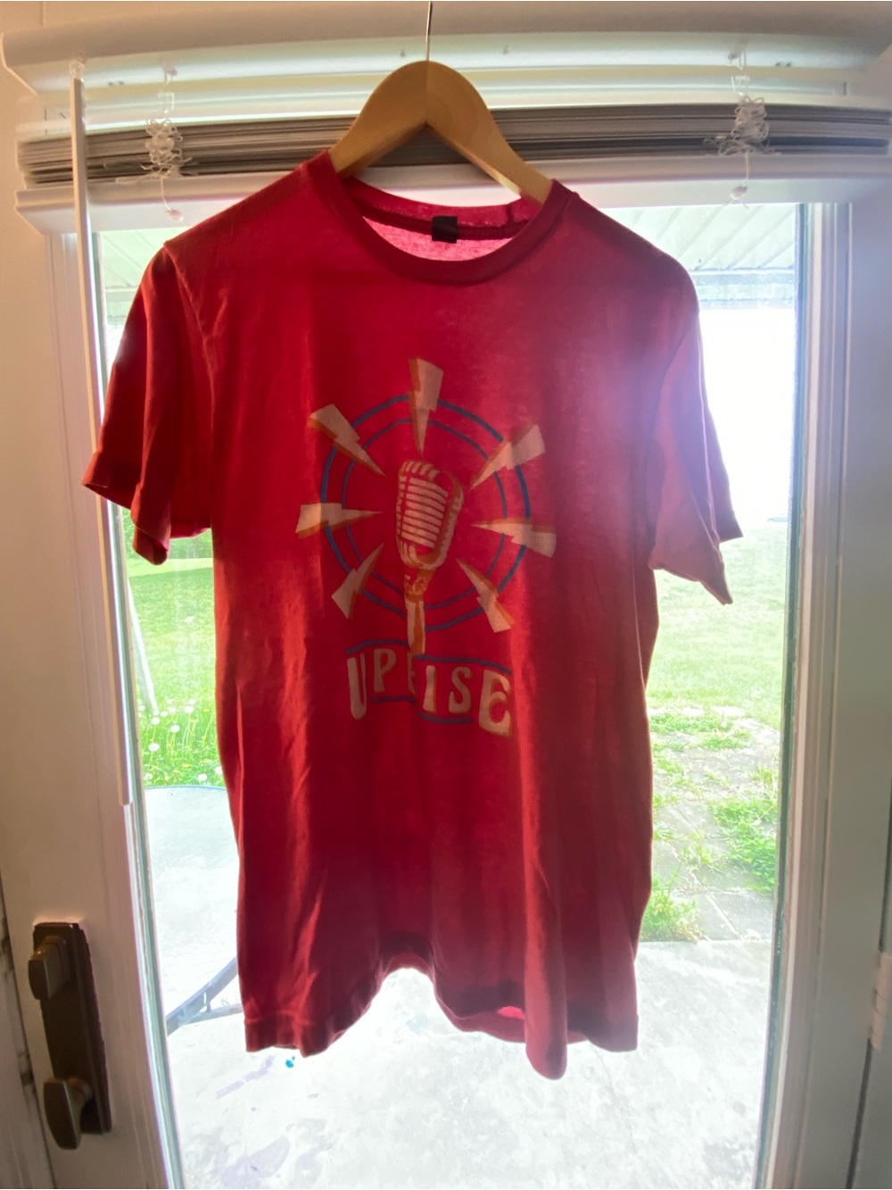 Gildan Red Graphic Tee with Microphone Sunburst